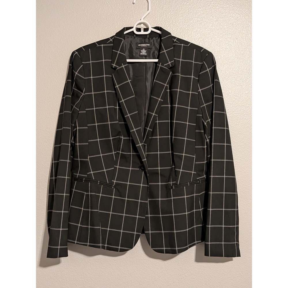 Liz Claiborne Career Women Black White Windowpane Plaid Blazer Jacket Size 14